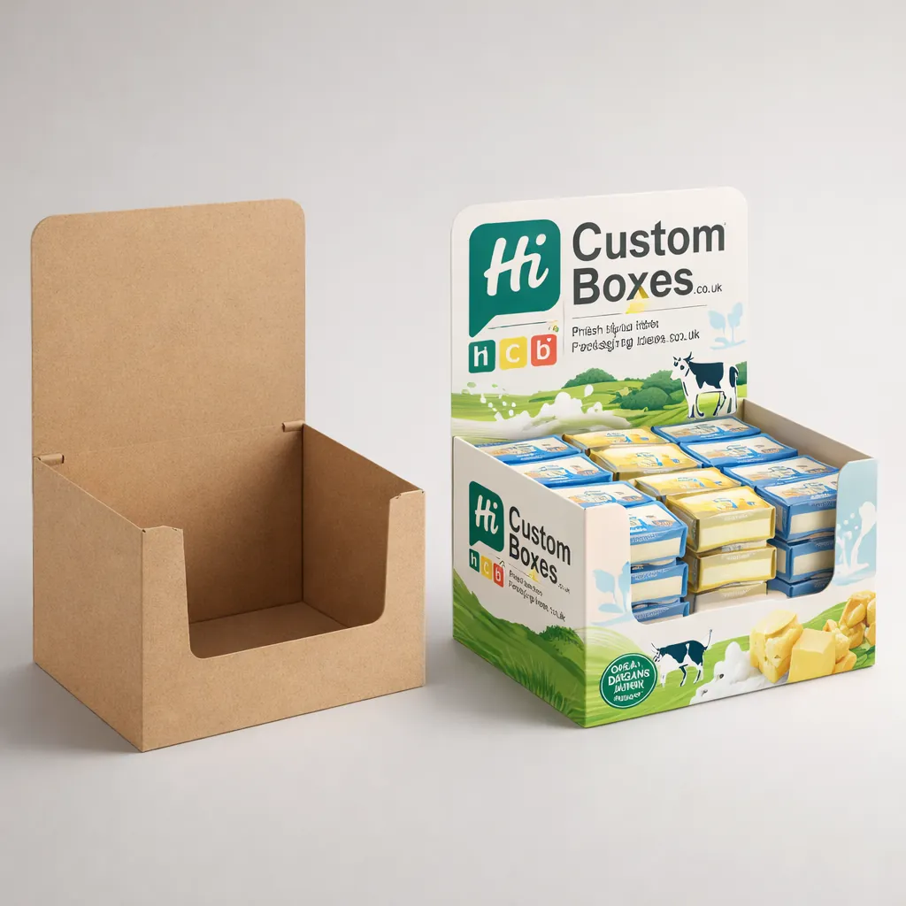 Two rectangular boxes with lids, one plain white and one showing a branded cow and milk design. class=